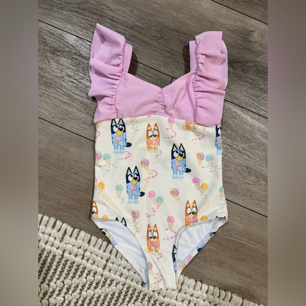 BLUEY !!! Little Girls Swimsuit • Dreamwave Ruffle Swimsuit “Ice Cream” • Size 4